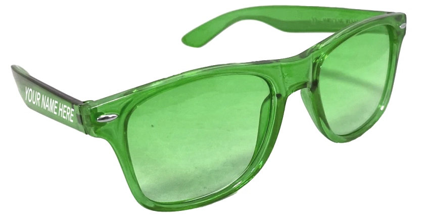 a pair of green sunglasses on a white background