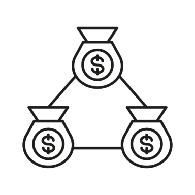 a black and white line drawing of three stacks of money