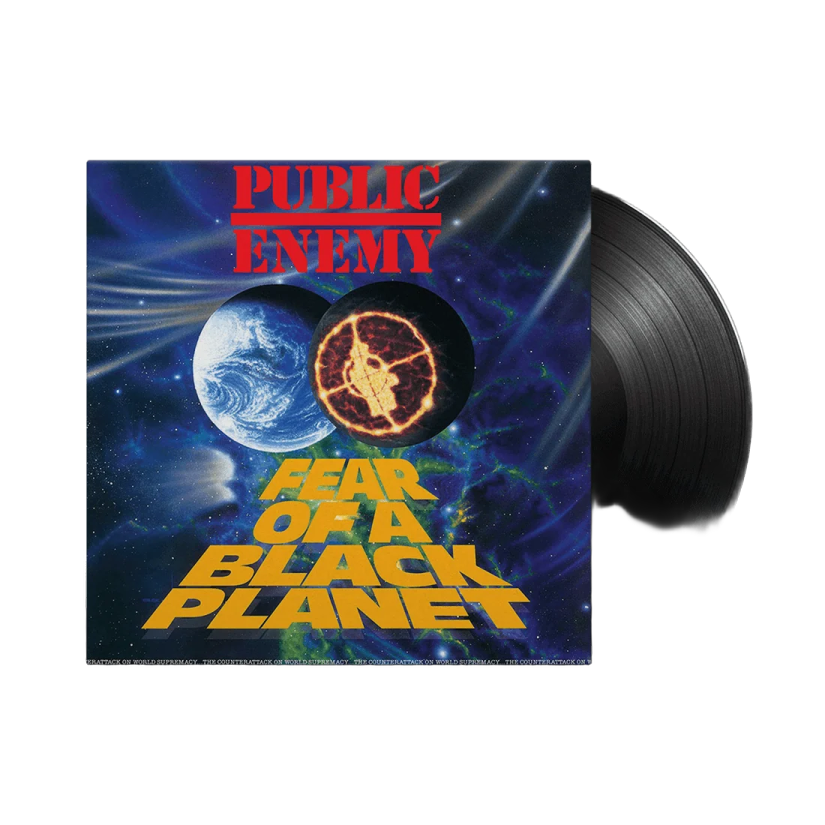a black vinyl album with the cover of a planet in the background