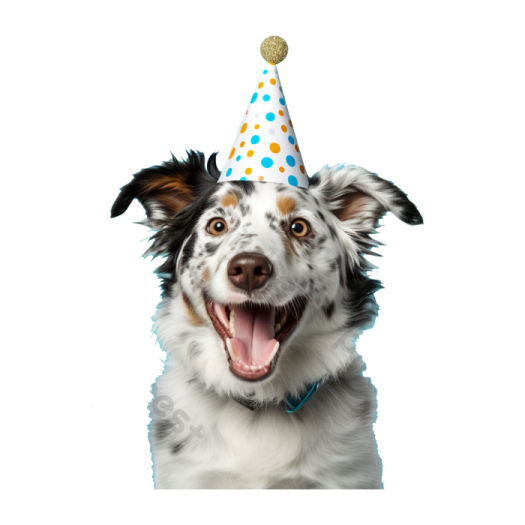 a dog with a party hat on its head