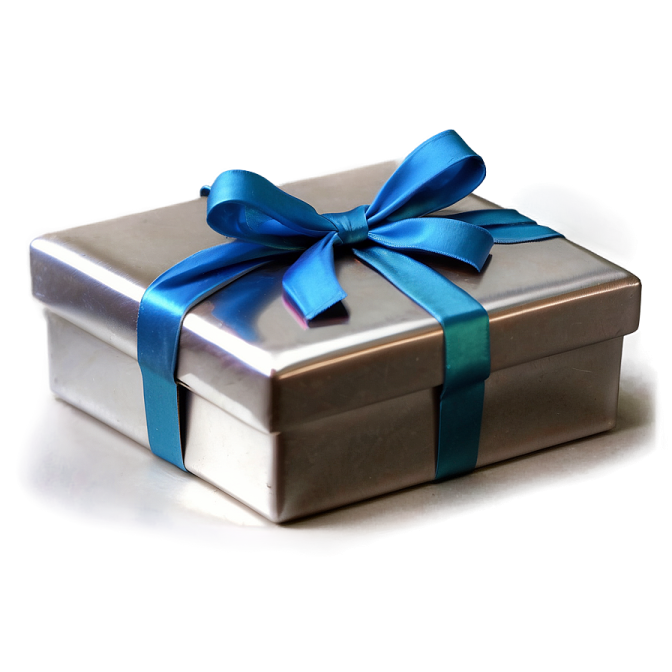 a silver gift box with a blue ribbon