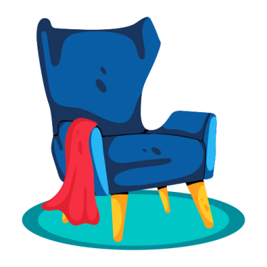 a blue chair with a red scarf on it