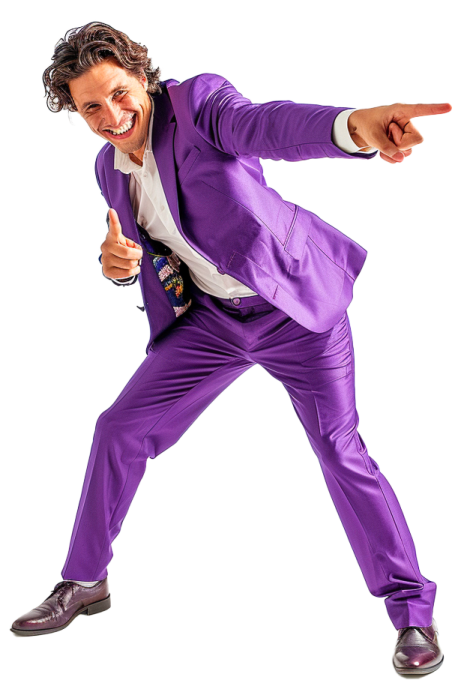 a man in a purple suit and white shirt