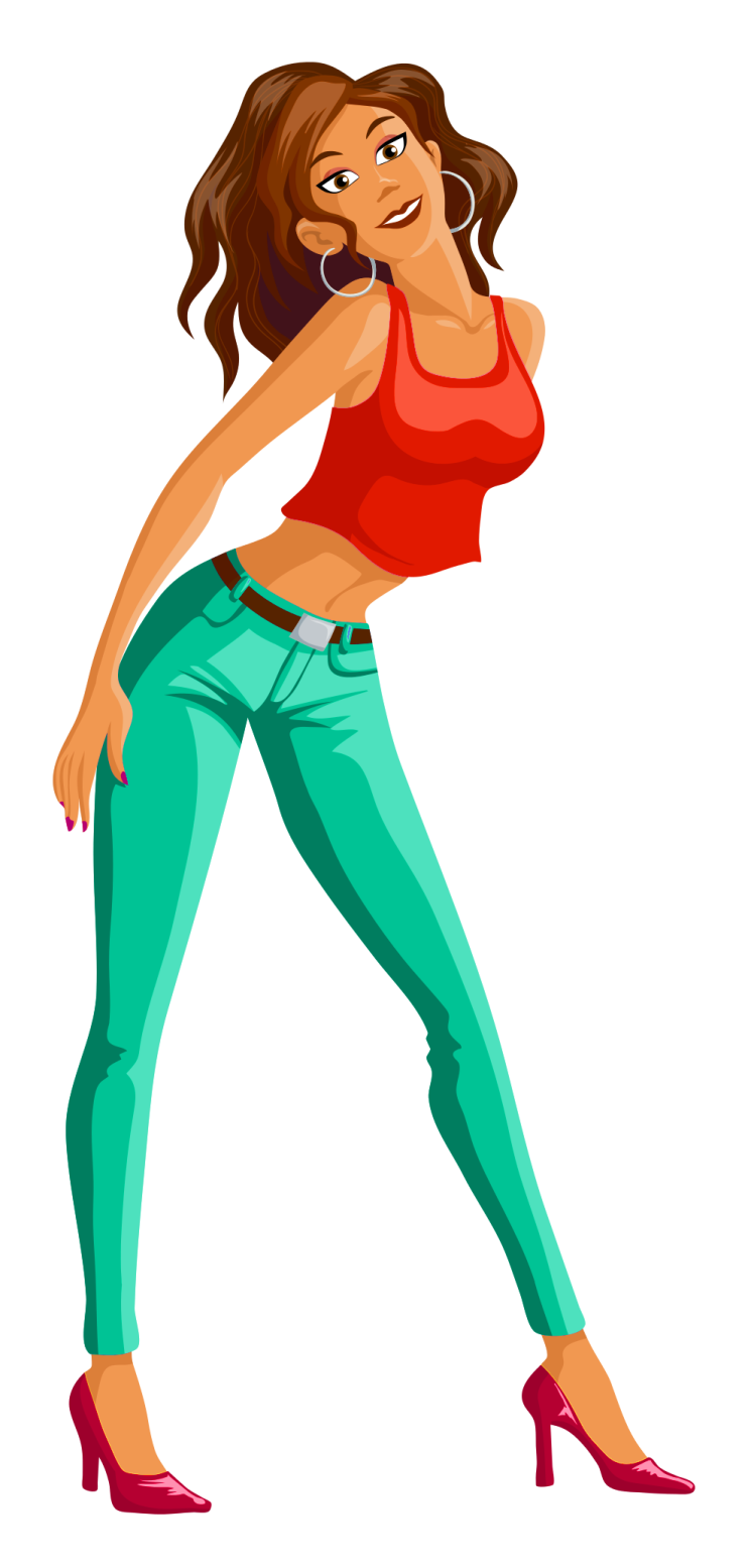 a woman in green pants and red top