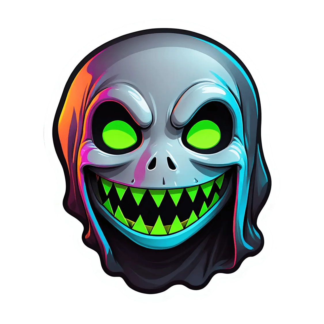 a cartoon character with green eyes and a scary smile