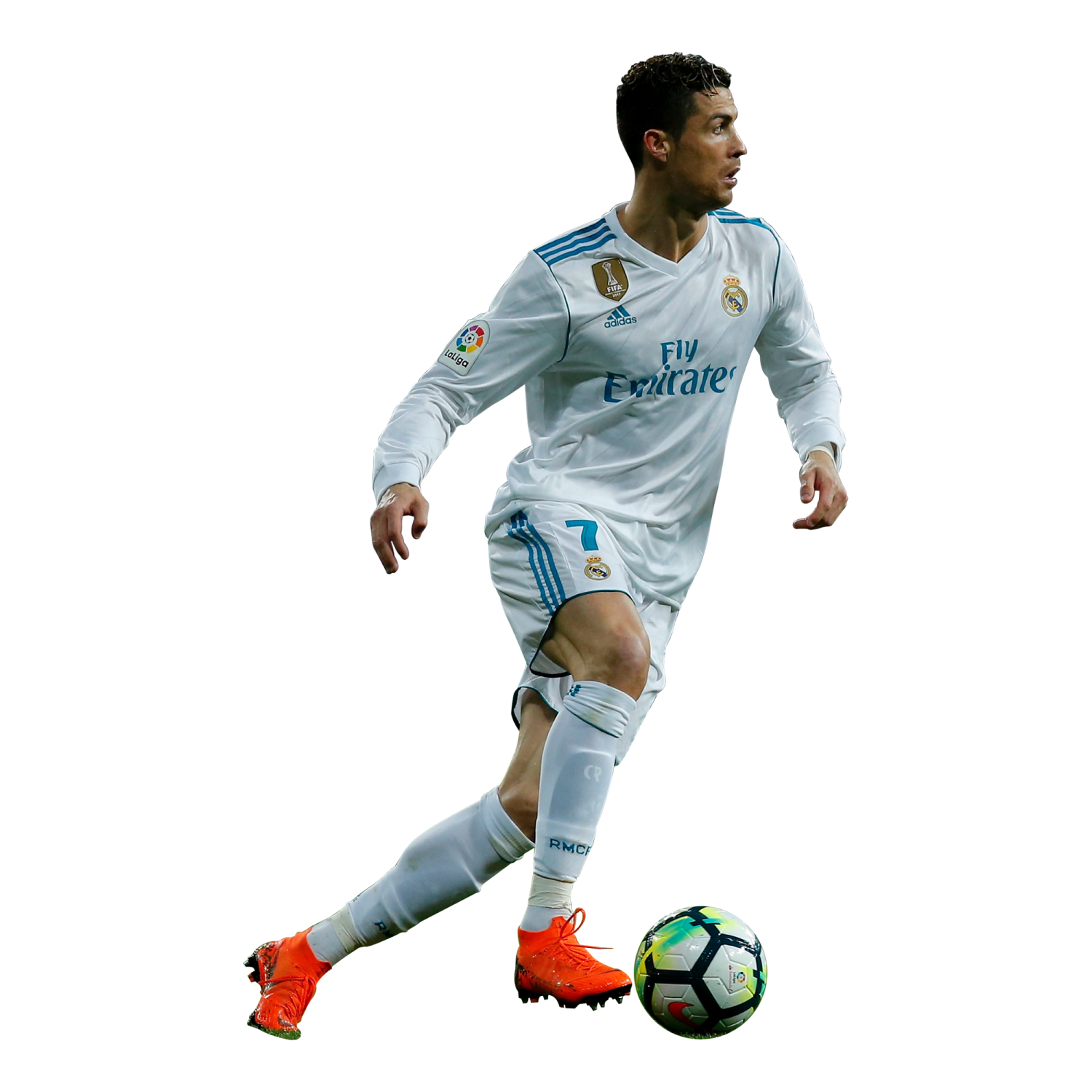 a man in a white shirt kicking a soccer ball