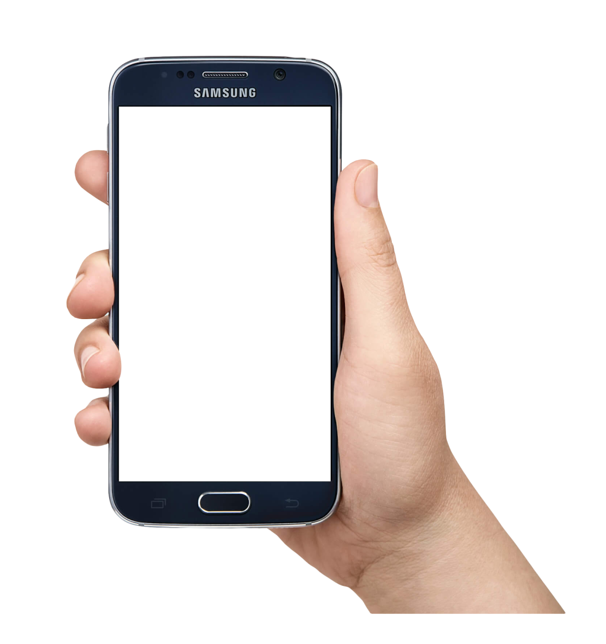 a hand holding a smart phone with a white screen