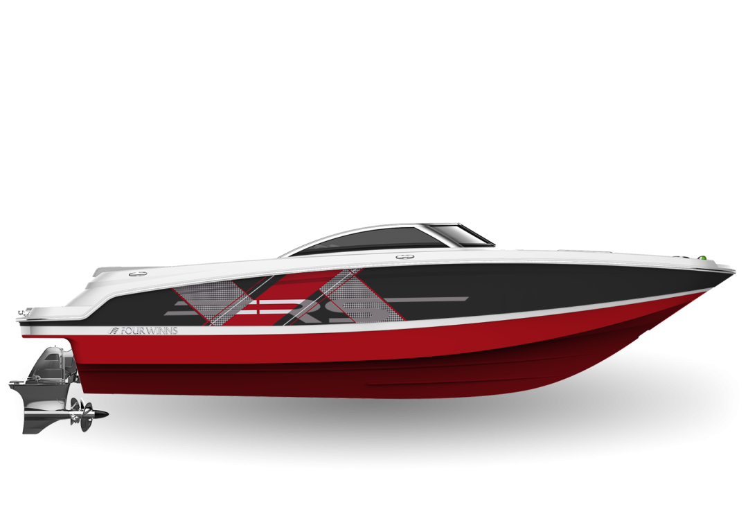 a red and black speed boat on a white background