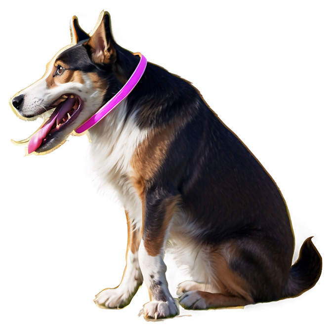 a dog sitting on the ground with its tongue out