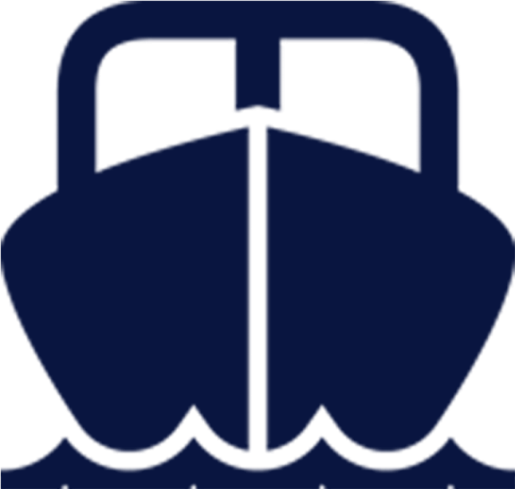 a white and blue logo with a boat in the middle