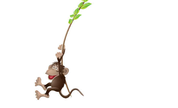 a cartoon monkey hanging from a tree branch