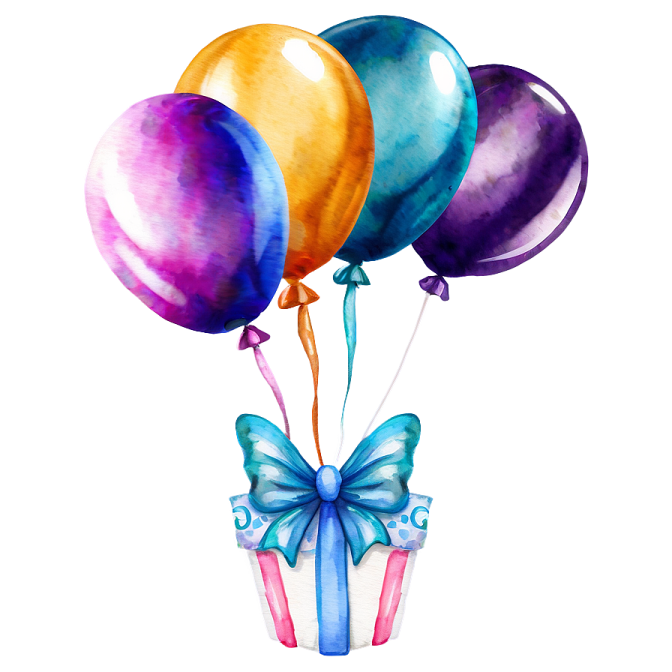 a watercolor painting of balloons with a bow