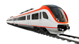 an orange and white train on a track