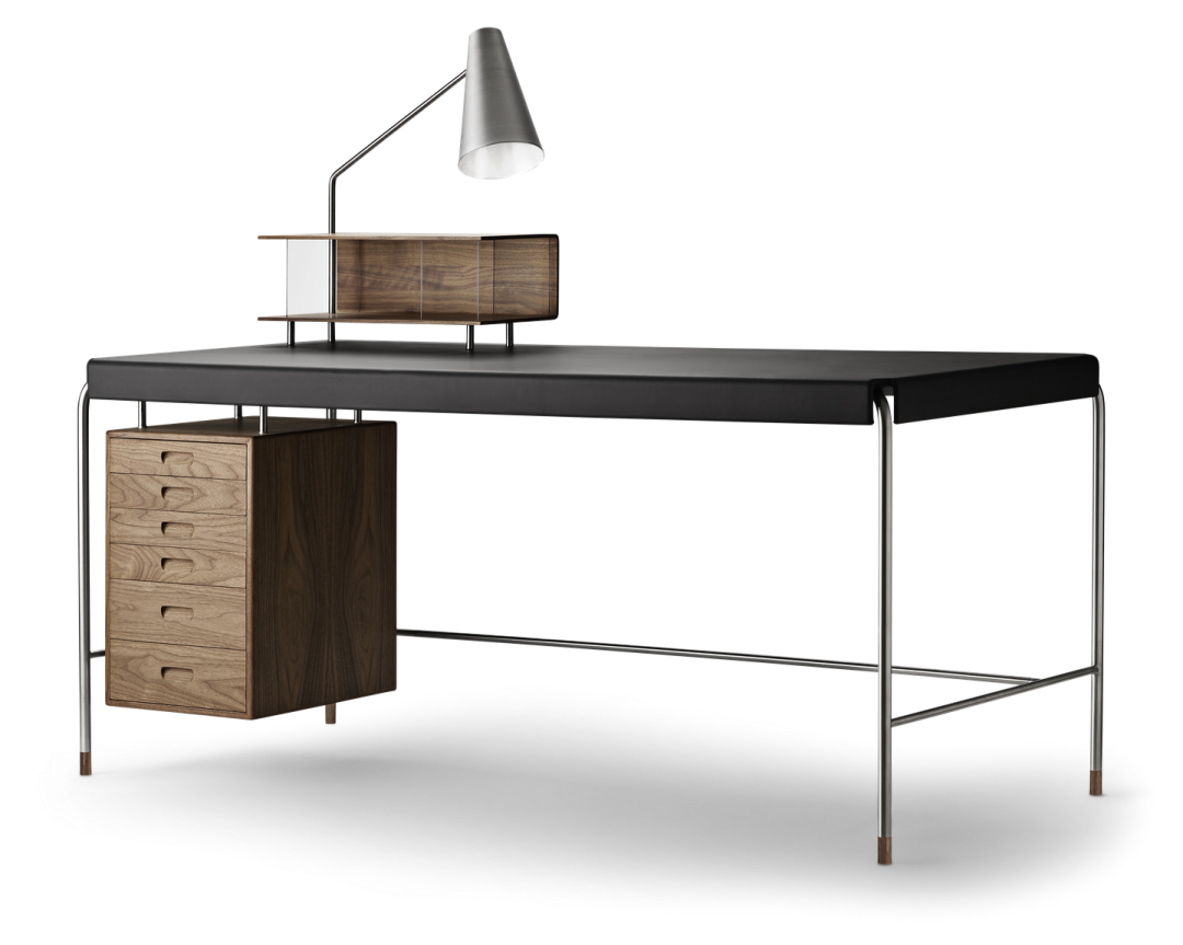 a desk with two drawers and a lamp on top