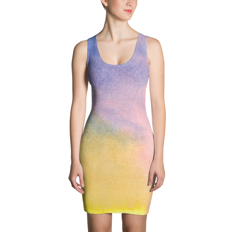 a woman in a yellow and blue dress