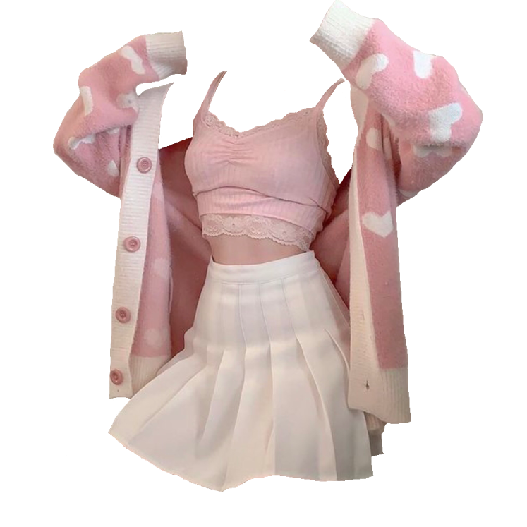 a woman wearing a pink sweater and white skirt