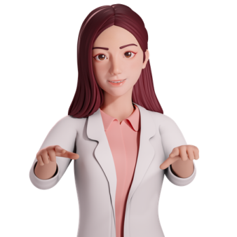 a woman in a white coat pointing at the camera