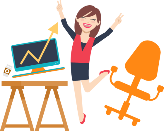 a woman jumping over a desk with a laptop and chair
