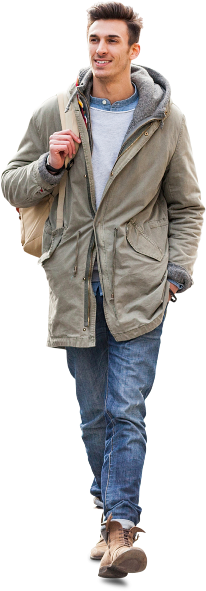 a man in a jacket and jeans is walking