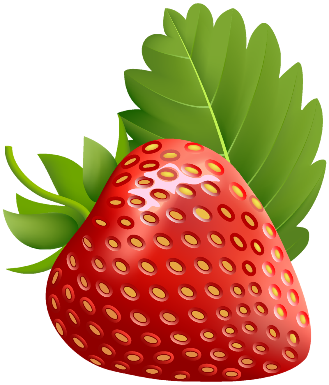 a strawberry with green leaves on it