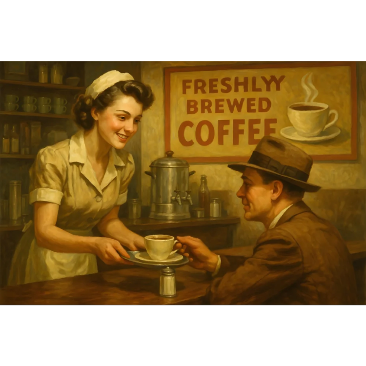 a painting of two people at a coffee shop