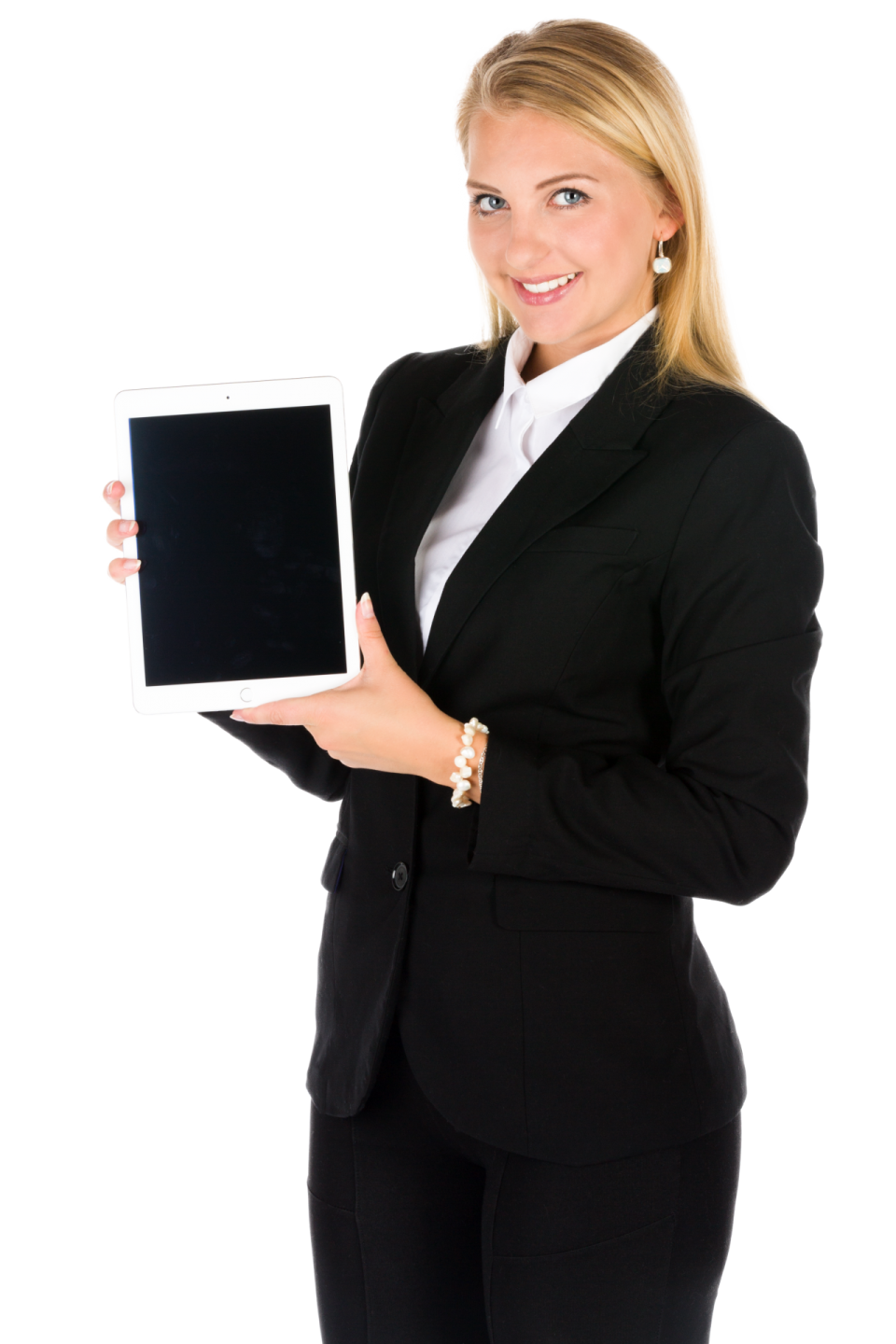 a woman in a business suit holding a tablet