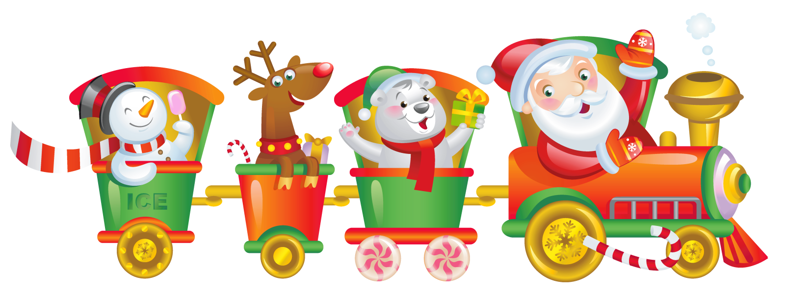 a group of santa clauss riding on a train