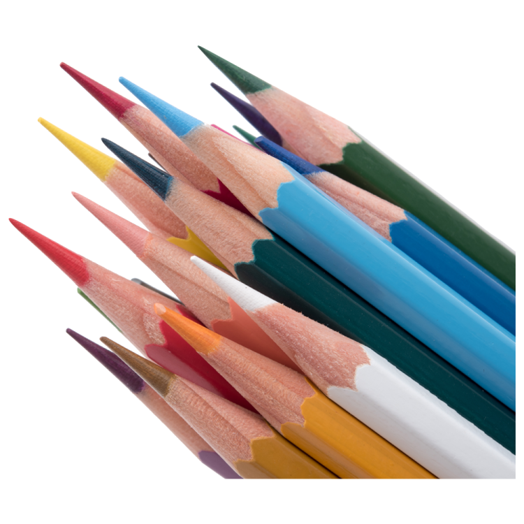 a group of colored pencils