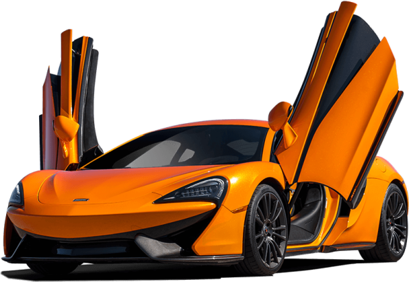 an orange sports car with doors open