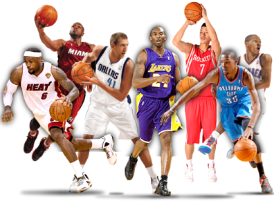 a group of men playing basketball together