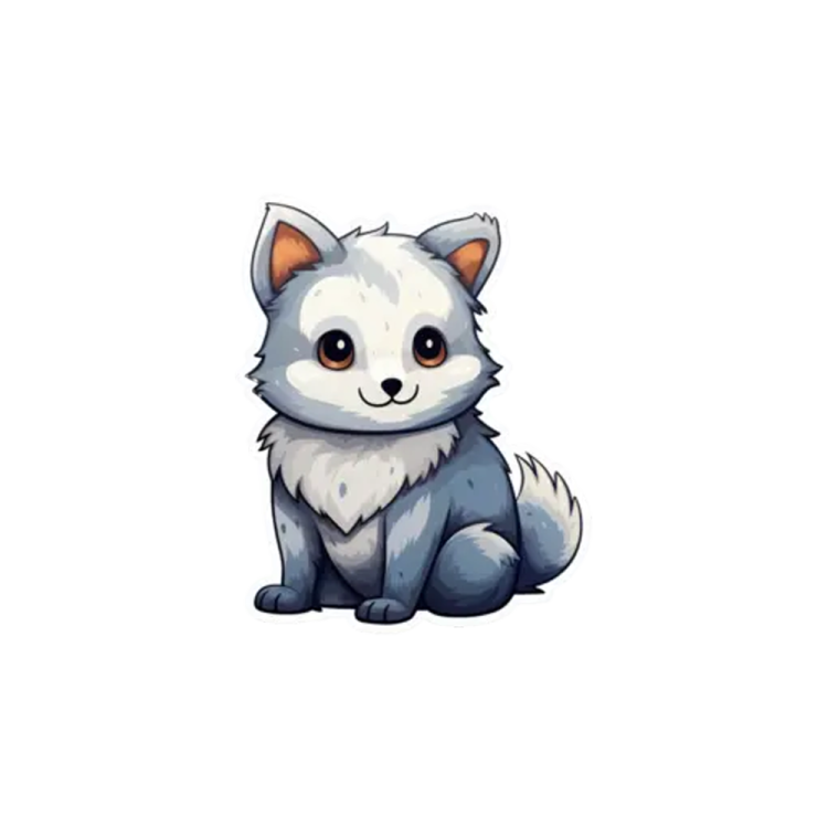a white fox with brown eyes sitting on the ground
