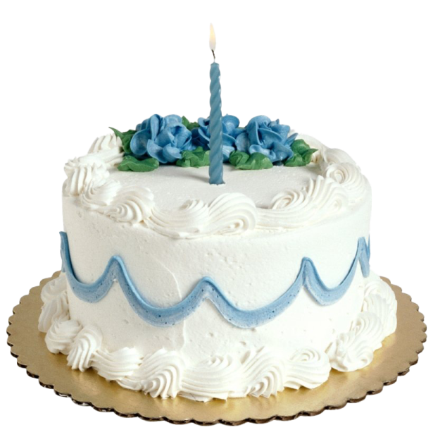a white cake with blue flowers on top