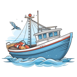 a boat in the water with birds flying around it