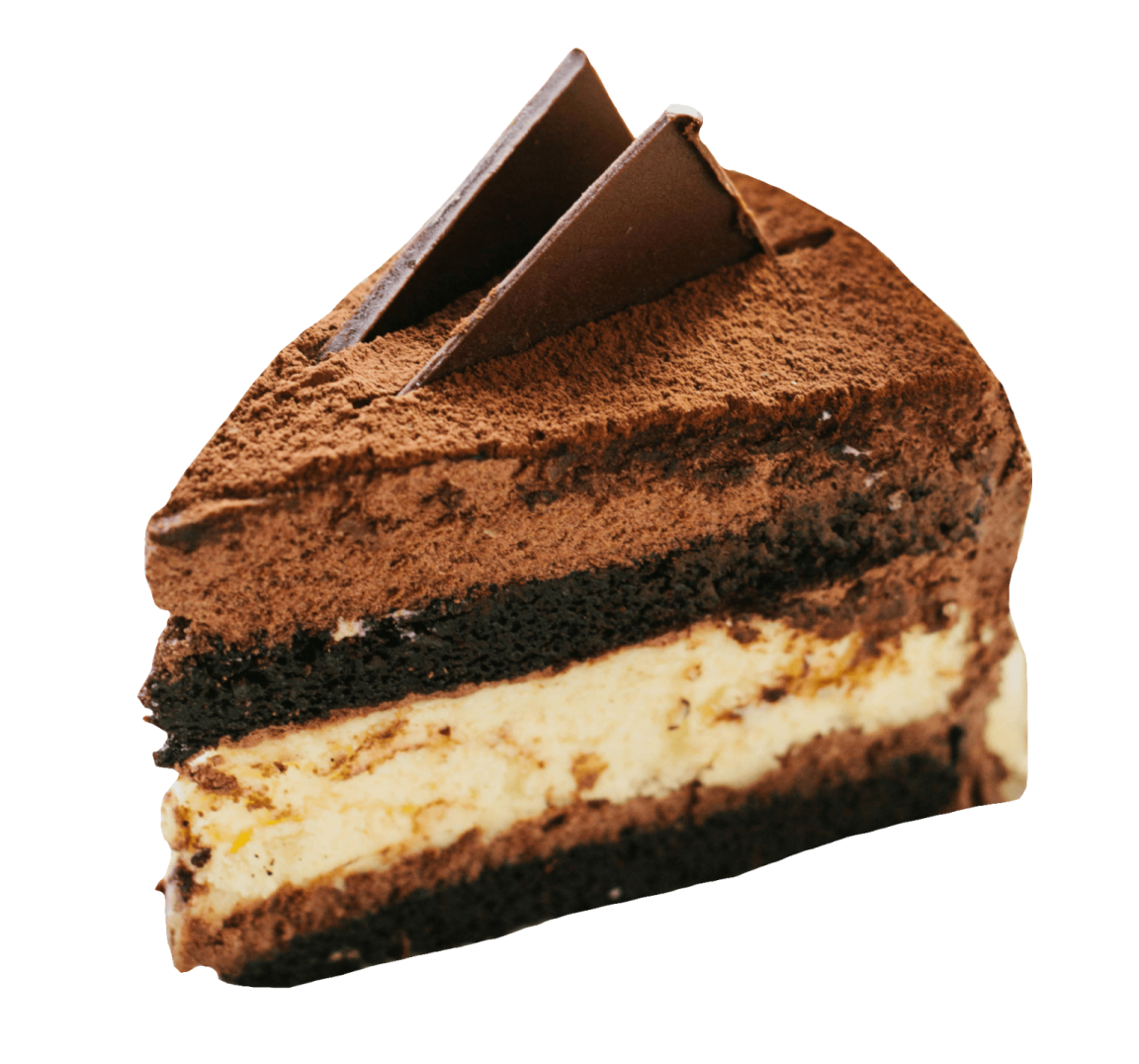 a piece of chocolate cake on a white background