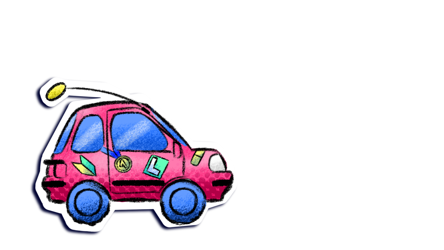 a pink car with a sticker on it