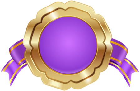 a purple and gold medal with a ribbon around it