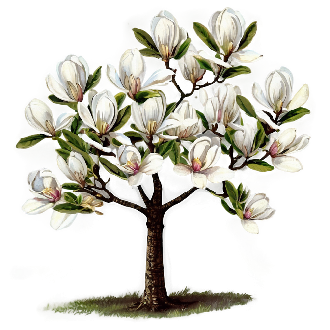 a tree with white flowers and green leaves