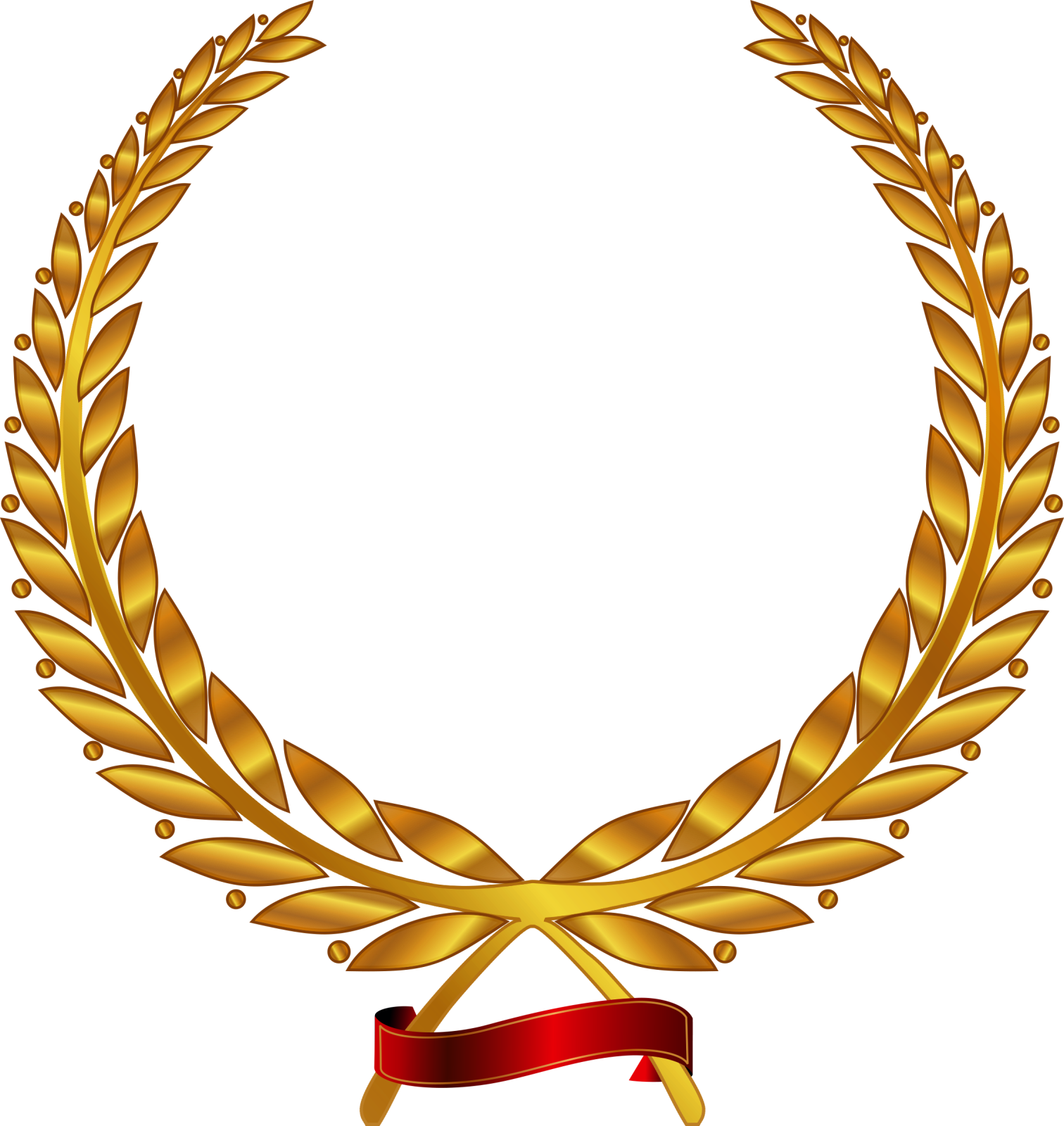 a gold laurel wreath with red ribbon