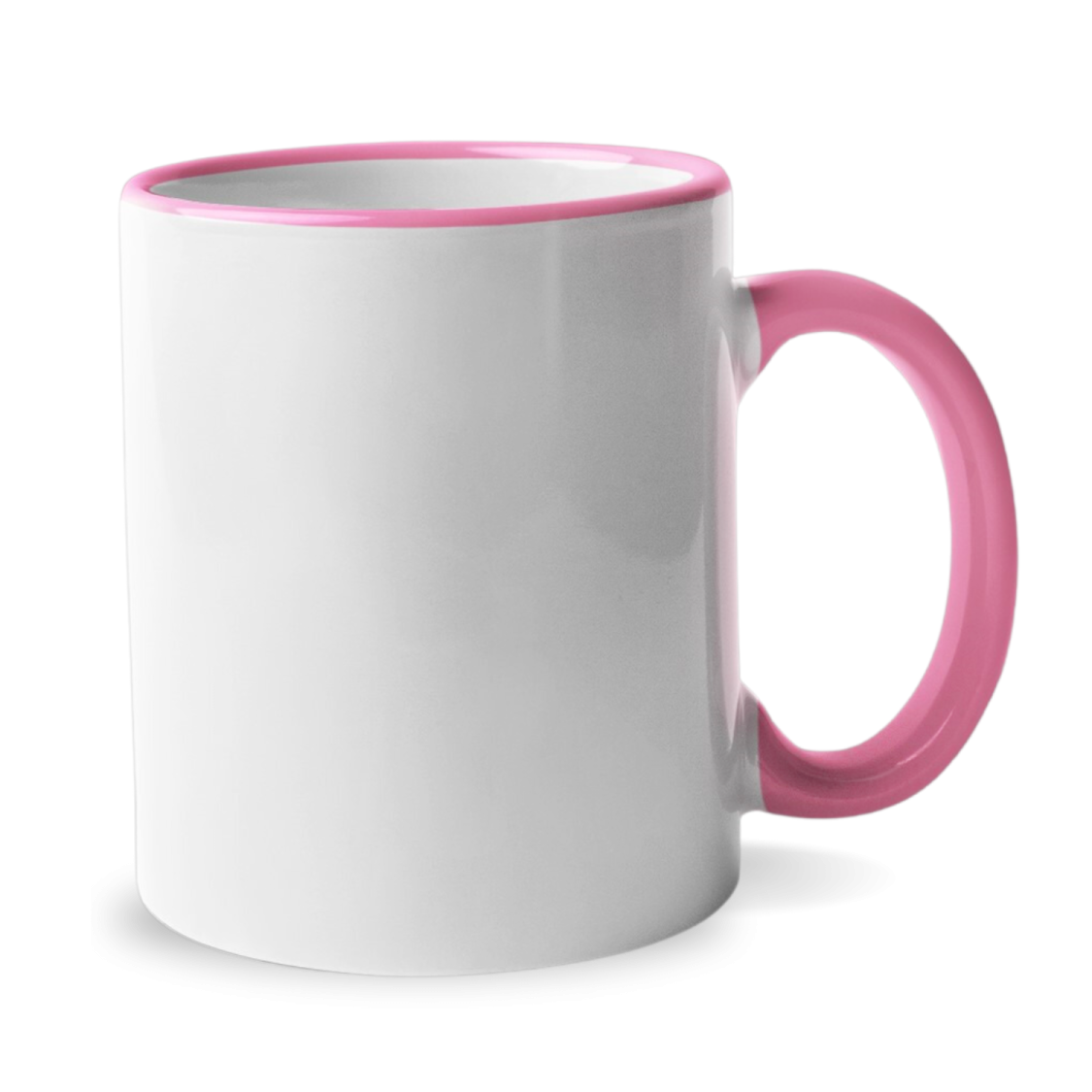 a white and pink coffee mug with a pink handle