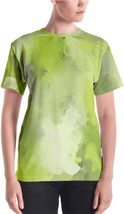 a woman wearing a green t - shirt