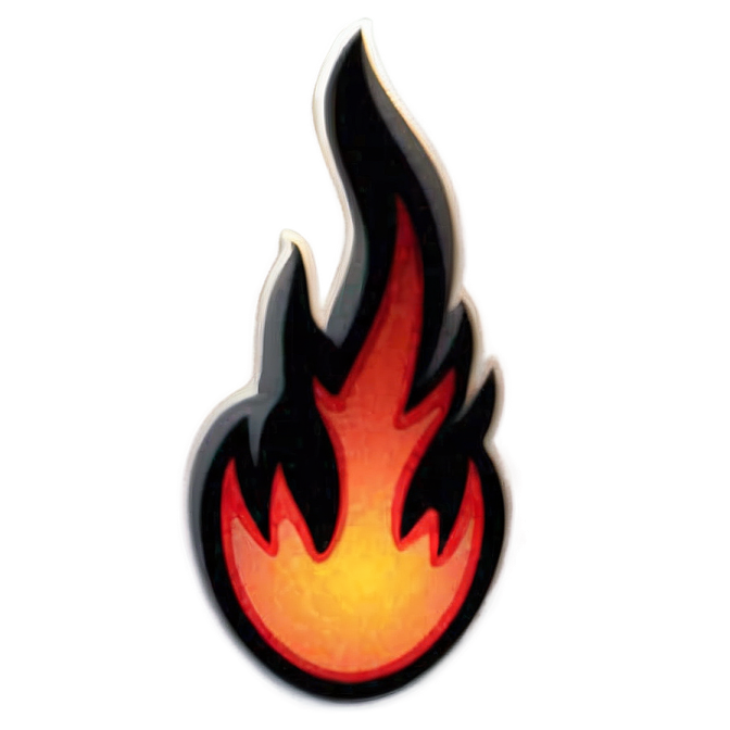 a black and red flame sticker on a white background