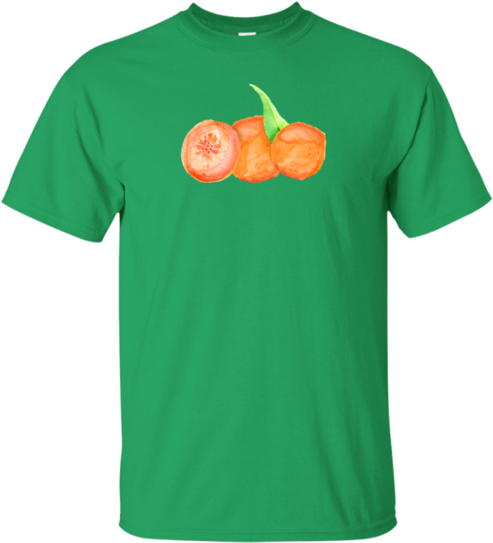 a green t - shirt with two orange carrots on it
