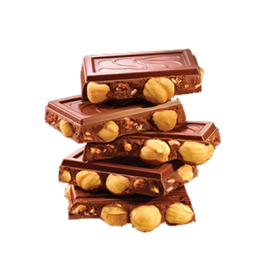 a stack of chocolate with nuts on top