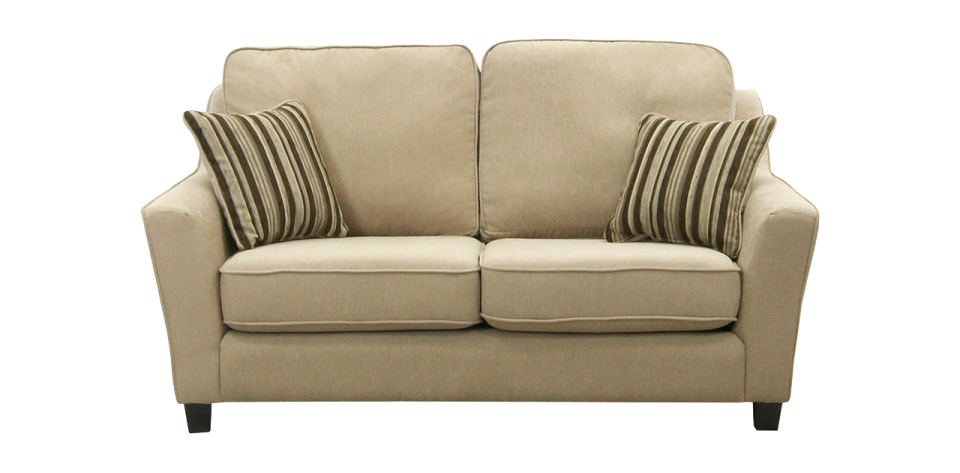 a beige couch with two pillows on it