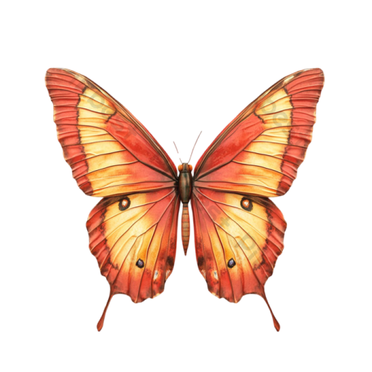 a red and yellow butterfly on white background