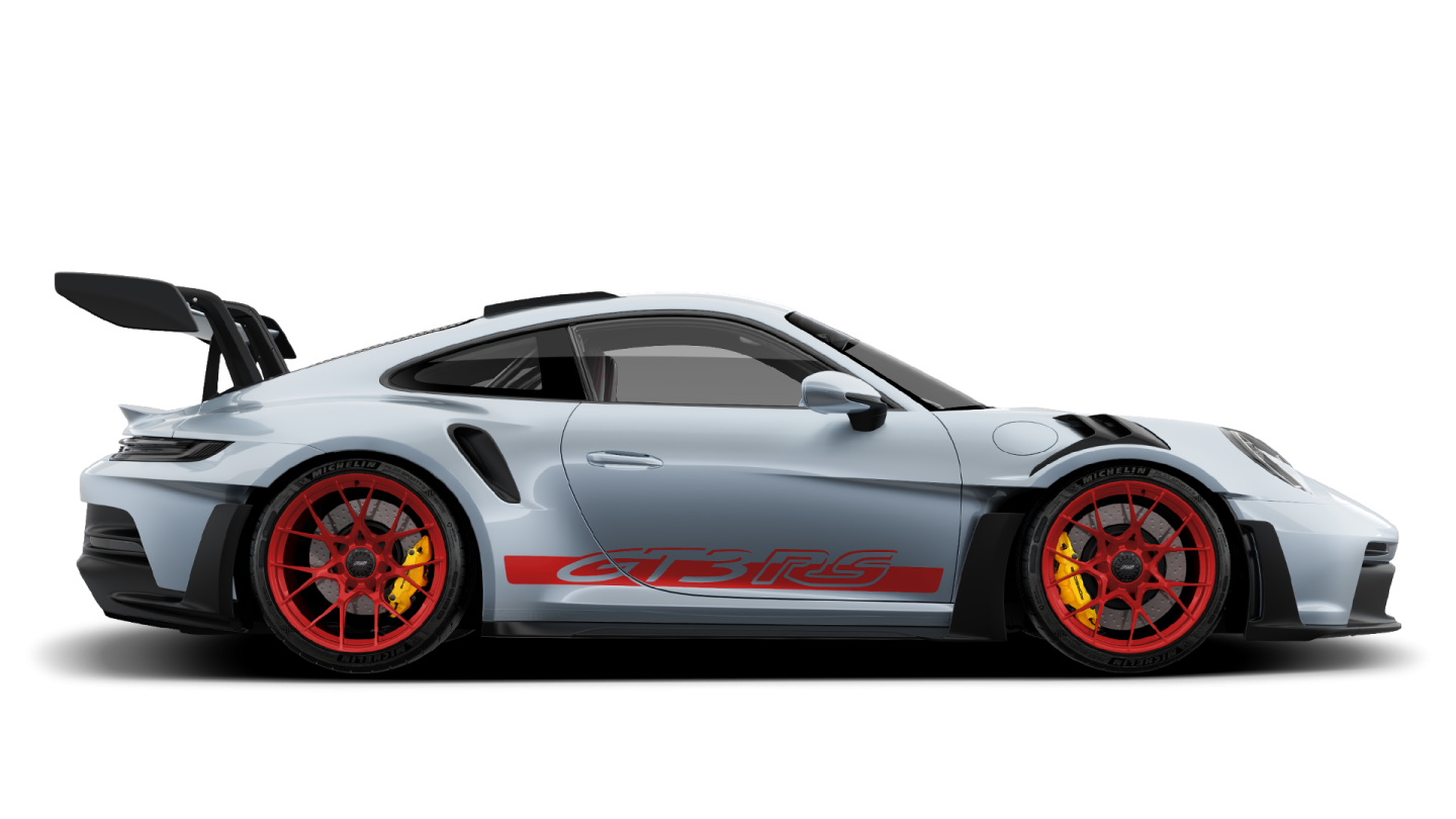 a grey porsche gtr with red rims