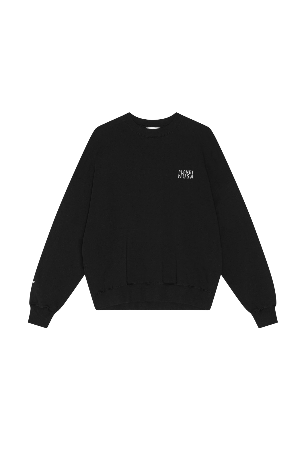 a black sweatshirt with a white logo on the front