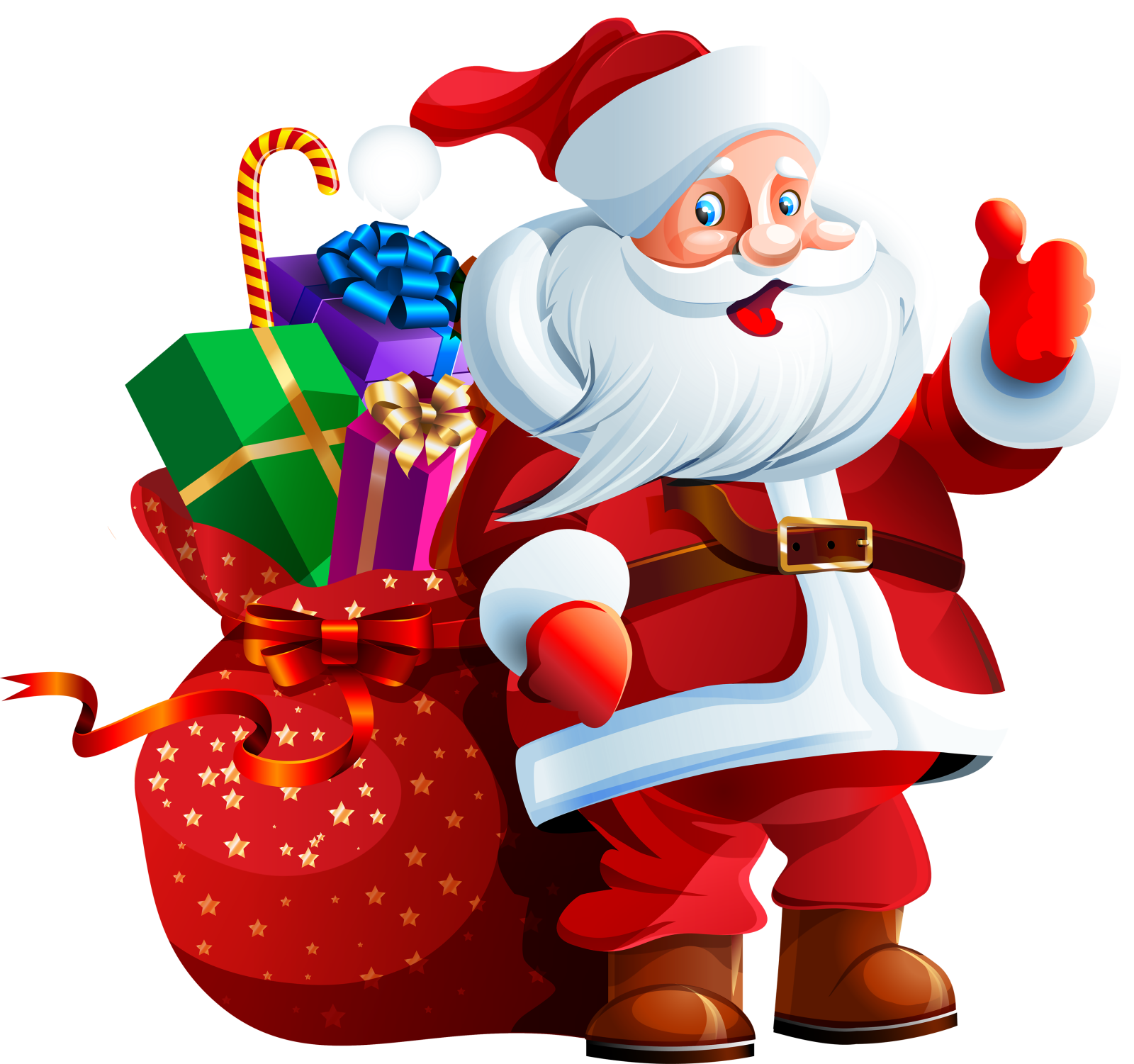 a cartoon santa holding a bag of presents