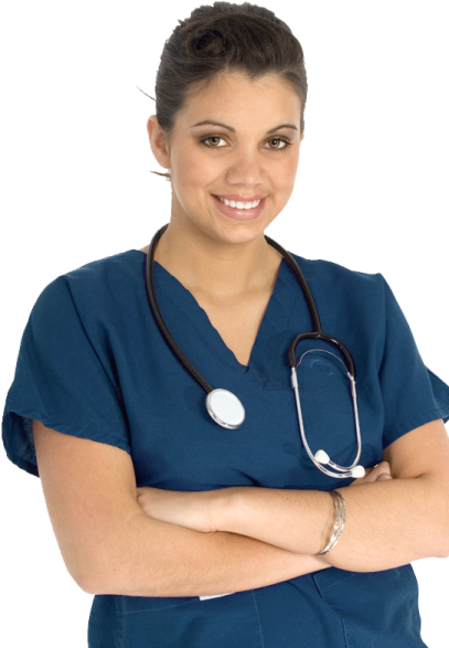 a woman in scrubs with her arms crossed