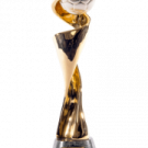 a gold trophy with a white background